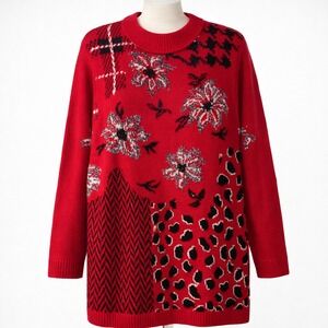 Vtg Alfred Dunner Red Floral Leopard Knit Sweater Tunic S Y2K Maximalist Granny